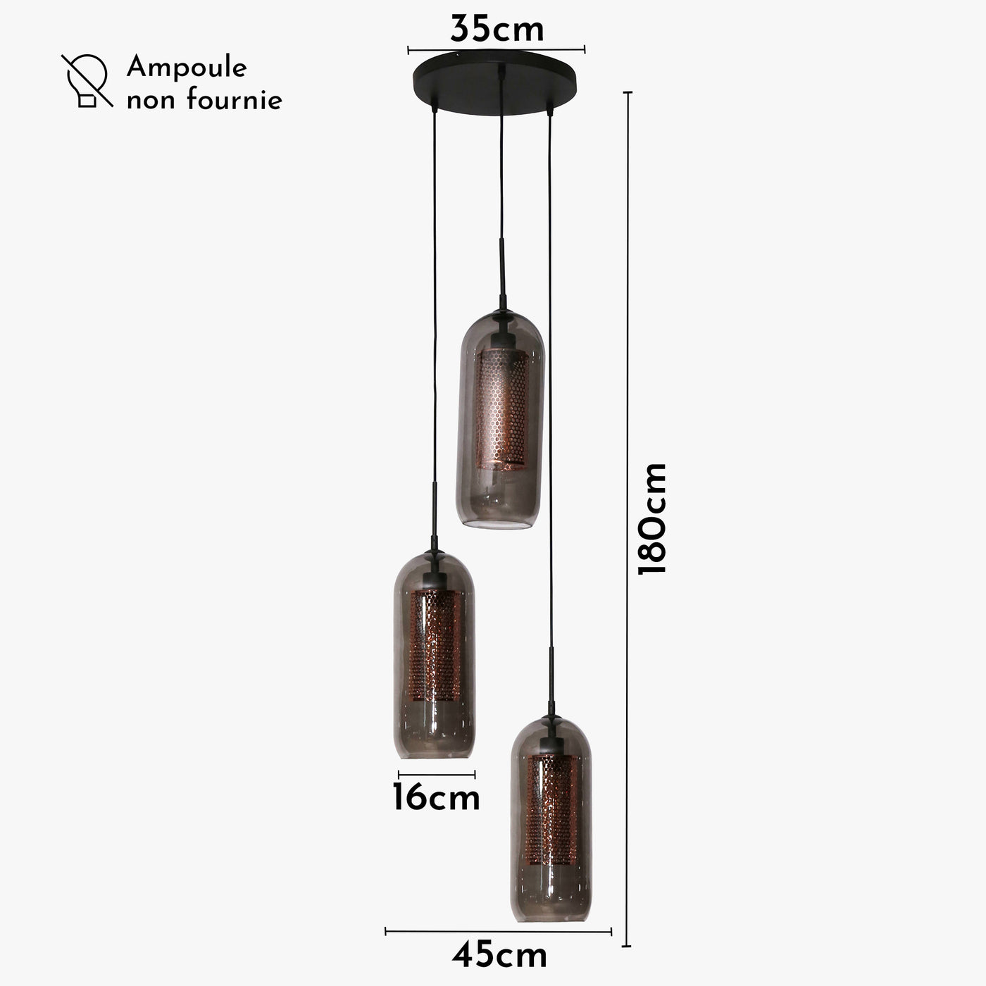 AYLI Suspension 3 lampes ajustables en verre et métal noir 35x180 cm
