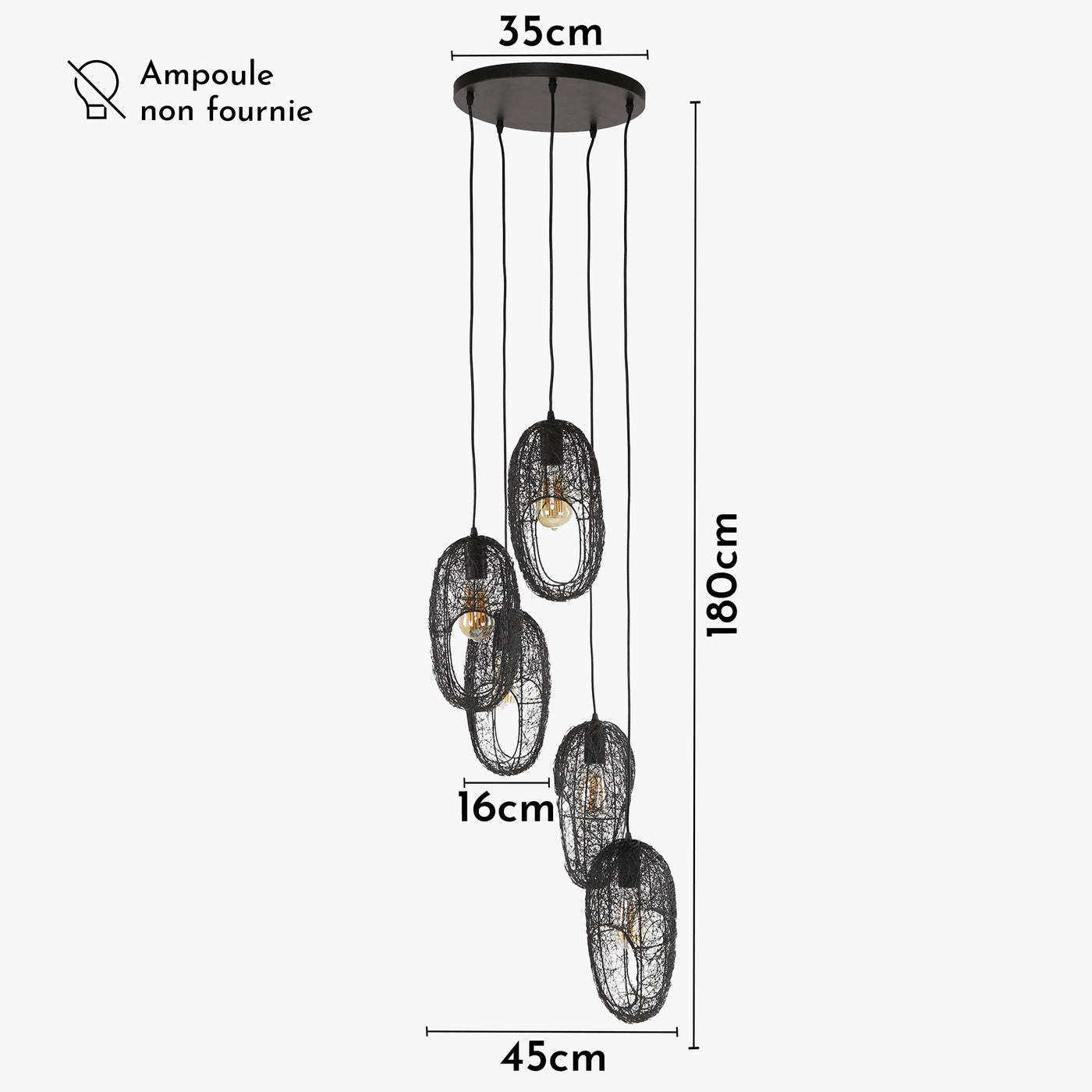 LIXA Suspension ovale 5 lampes en métal noir 45x180 cm