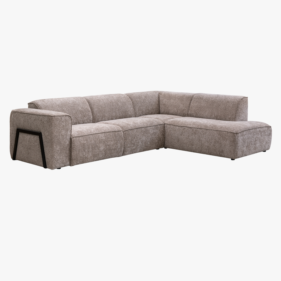 AMANDA Canapé d'angle en tissu taupe avec détail métal noir - Angle droit — aperçu vidéo