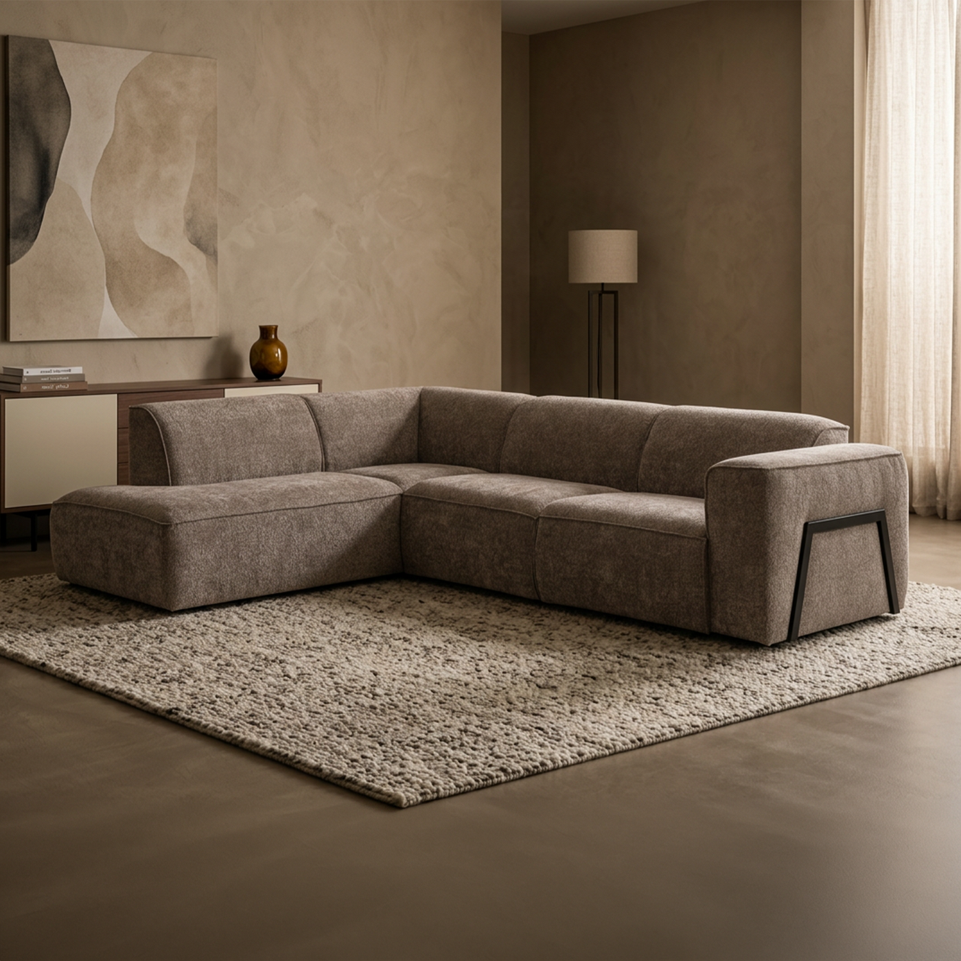 AMANDA Canapé d'angle en tissu taupe avec détail métal noir - Angle gauche