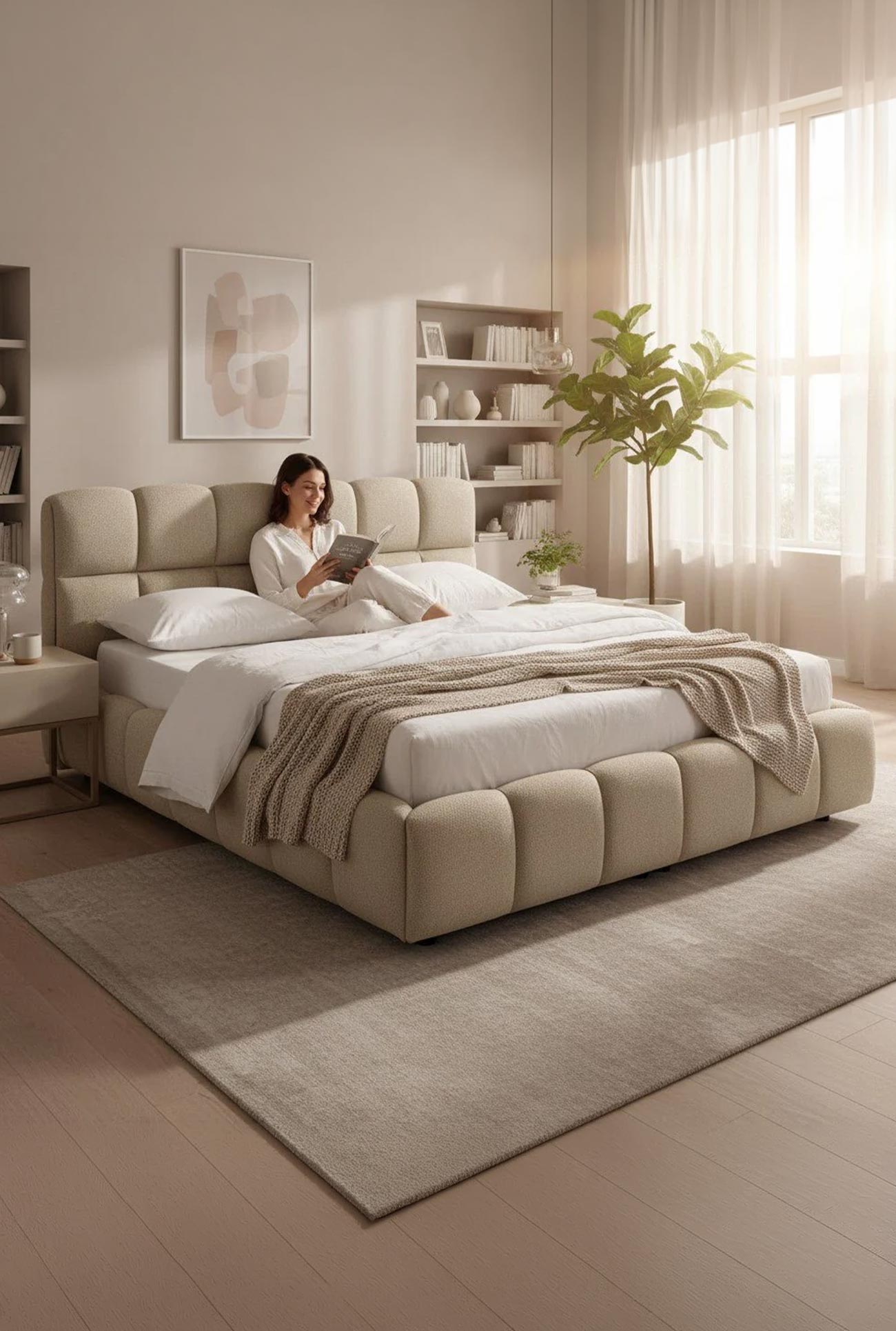 ARIONA - Lits doubles en tissu beige ou taupe avec coffre