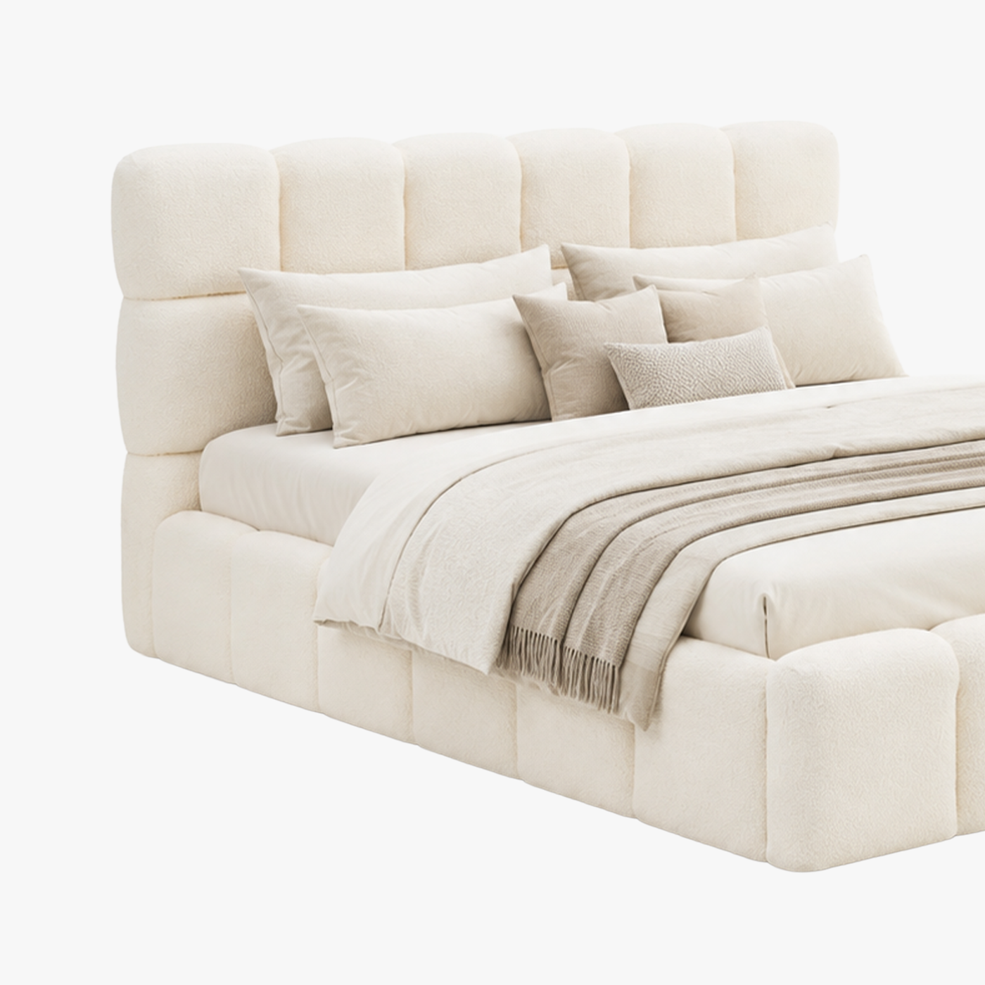LORY Lit double en tissu bouclette beige avec coffre 160x200 cm