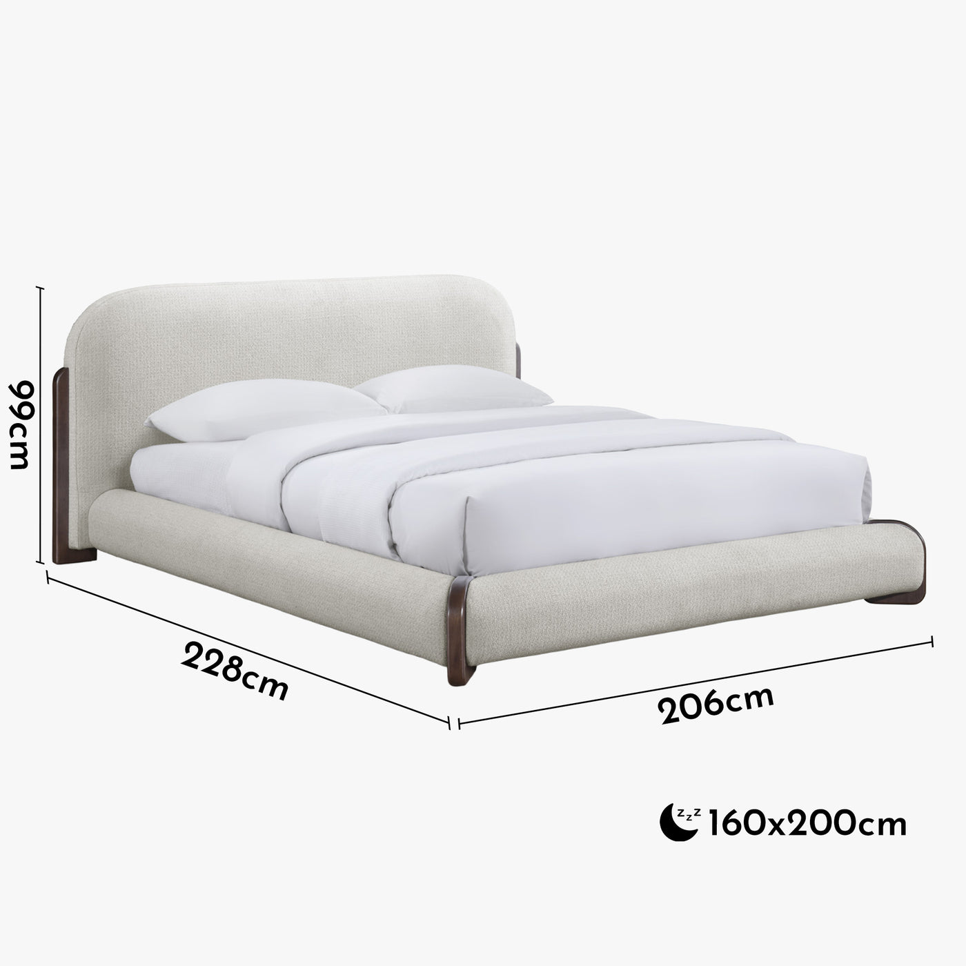 DELYA Lit double en tissu beige et bois foncé 160x200 cm