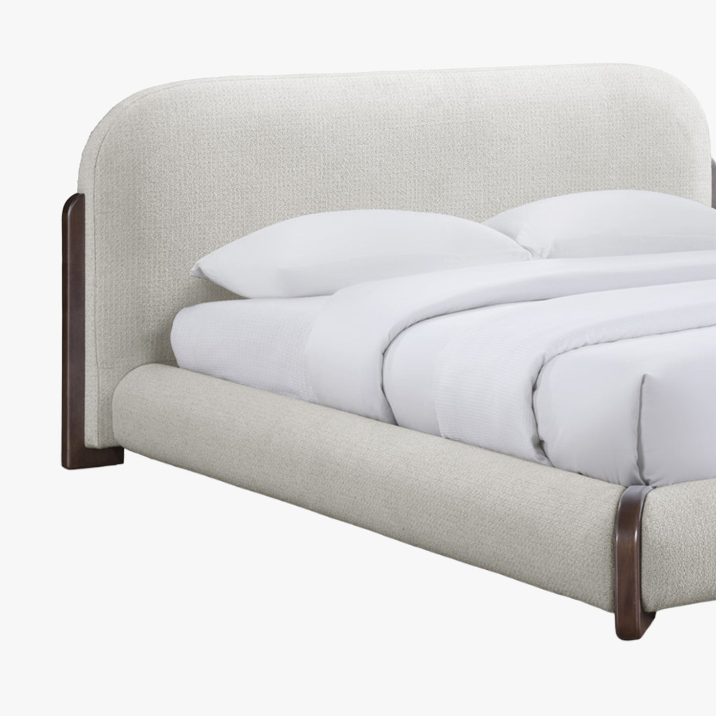 DELYA Lit double en tissu beige et bois foncé 140x190 cm