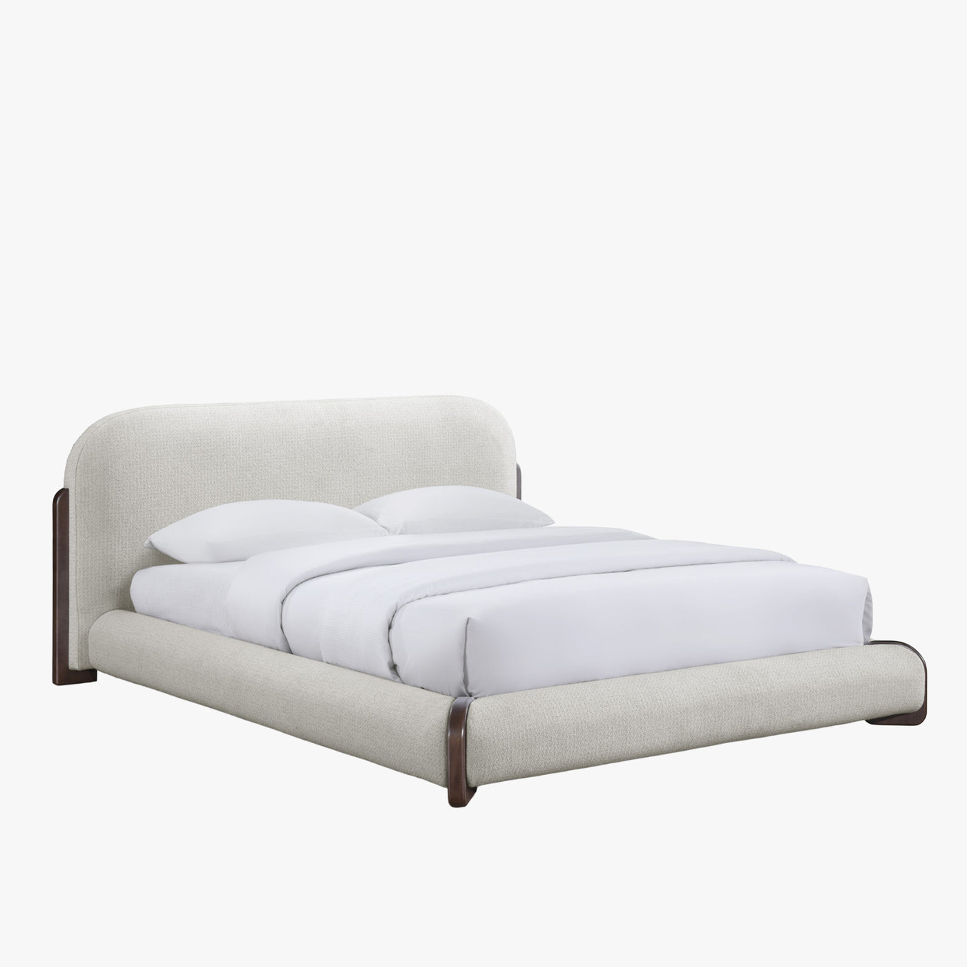 DELYA Lit double en tissu beige et bois foncé 140x190 cm