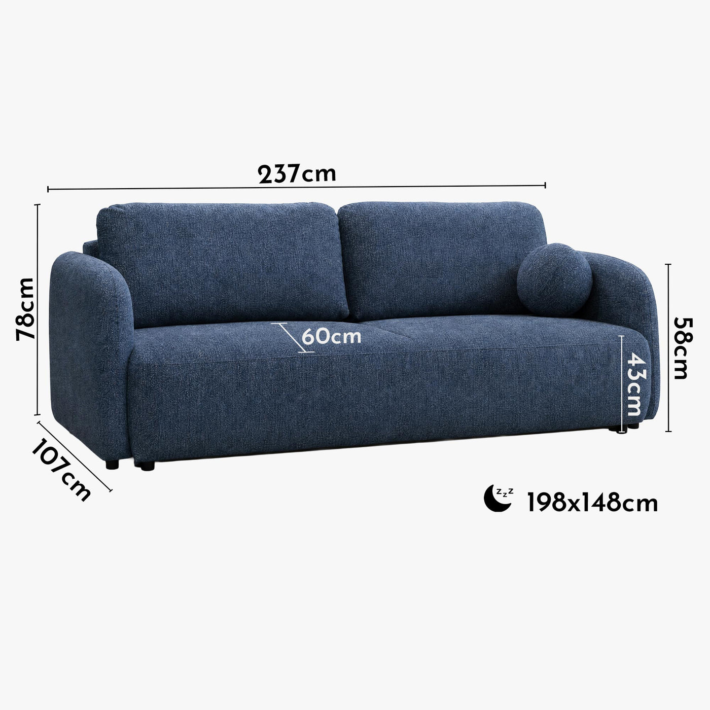 DRIXY Canapé 3 places convertible avec coffre en tissu bleu foncé