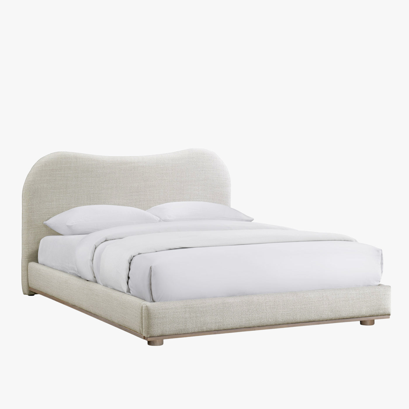 NALY Lit double en tissu beige et bois clair 160x200 cm