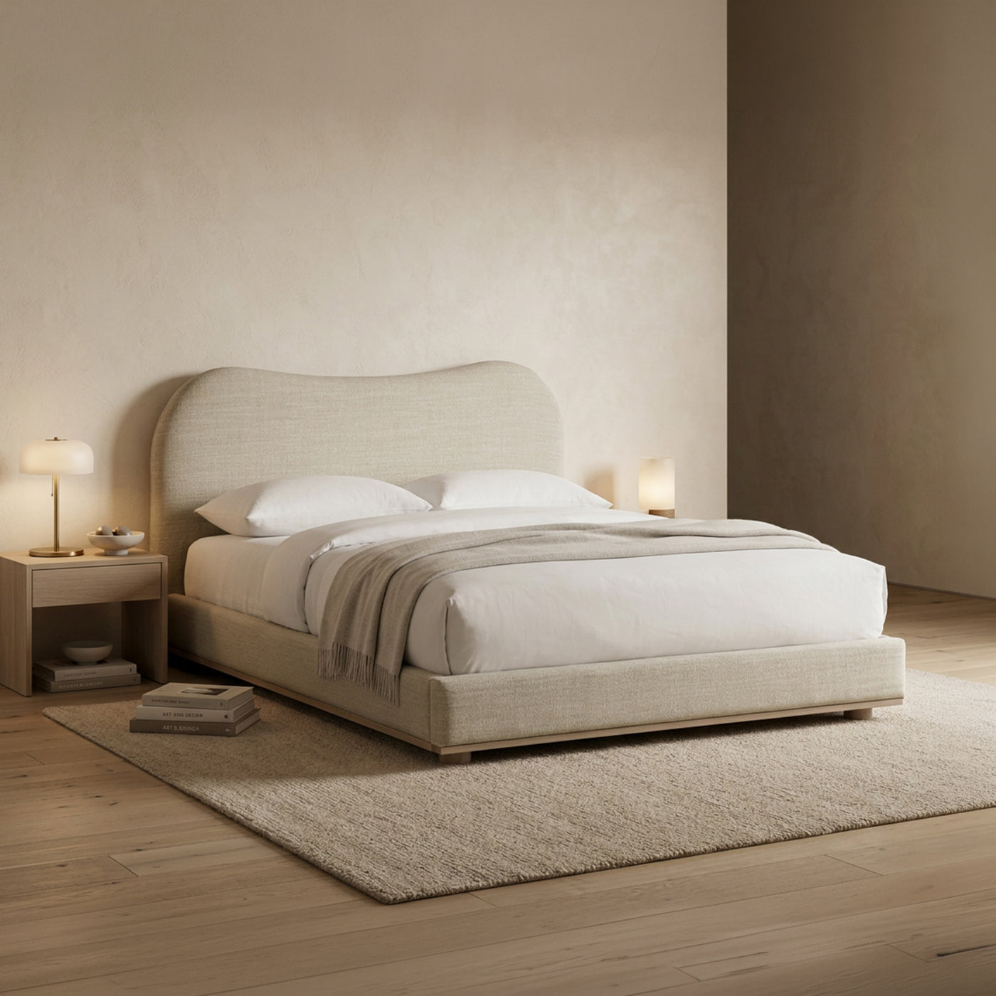 NALY Lit double en tissu beige et bois clair 160x200 cm