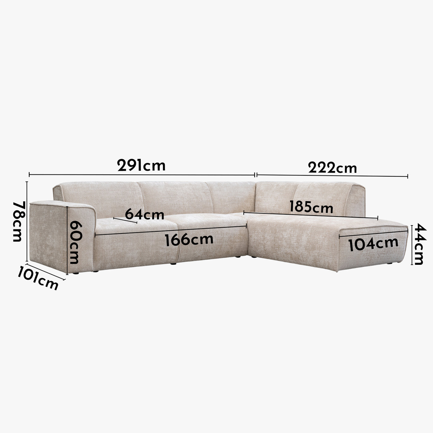 GIULIA XL Canapé d'angle en tissu beige - Angle droit