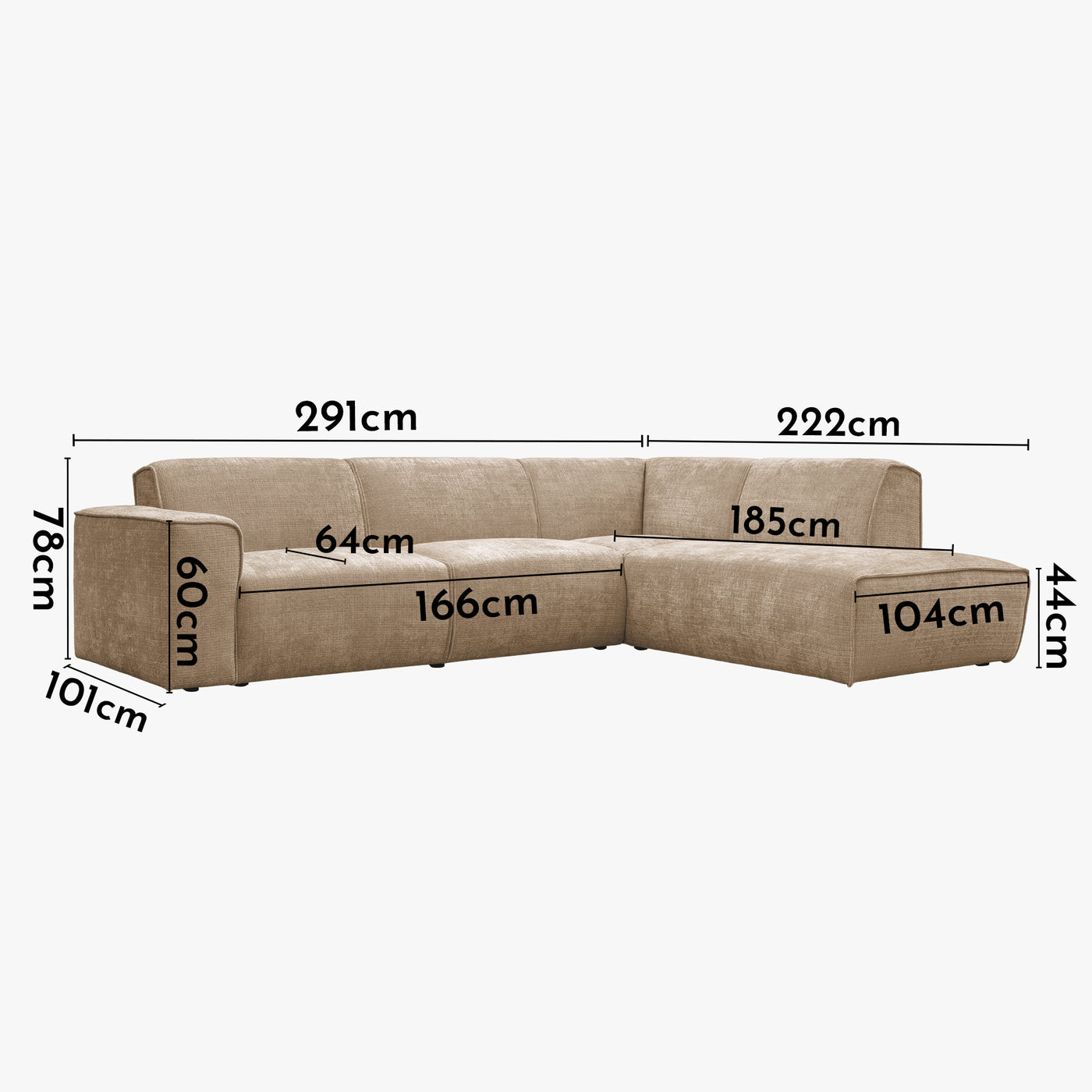 GIULIA XL Canapé d'angle en tissu taupe - Angle droit