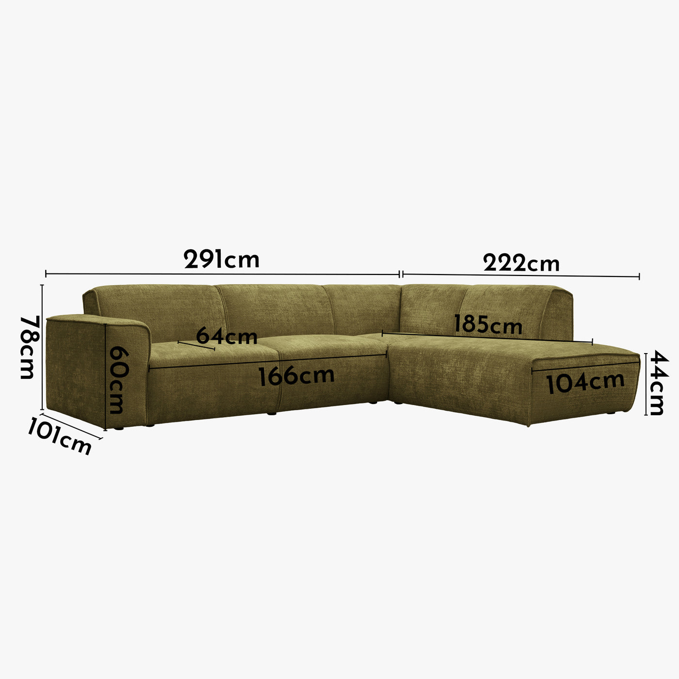 GIULIA XL Canapé d'angle en tissu vert - Angle droit