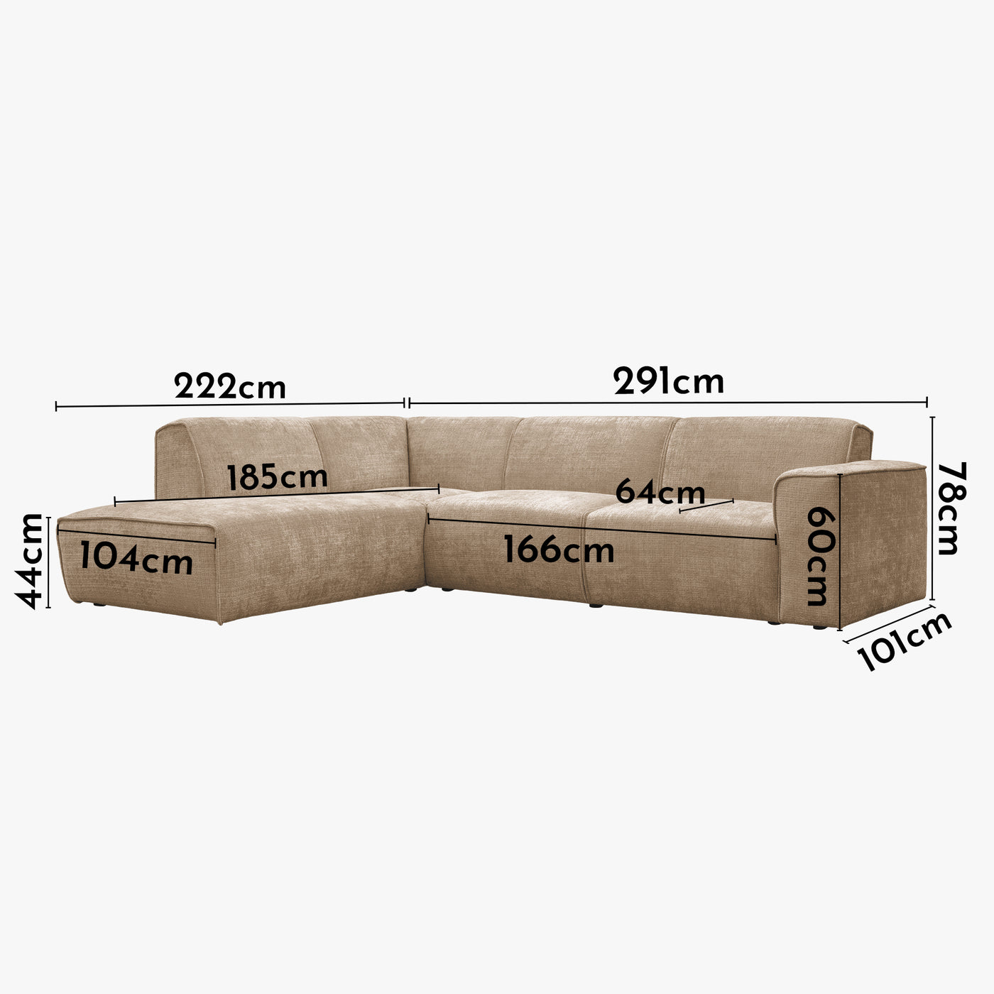 GIULIA XL Canapé d'angle en tissu taupe - Angle gauche