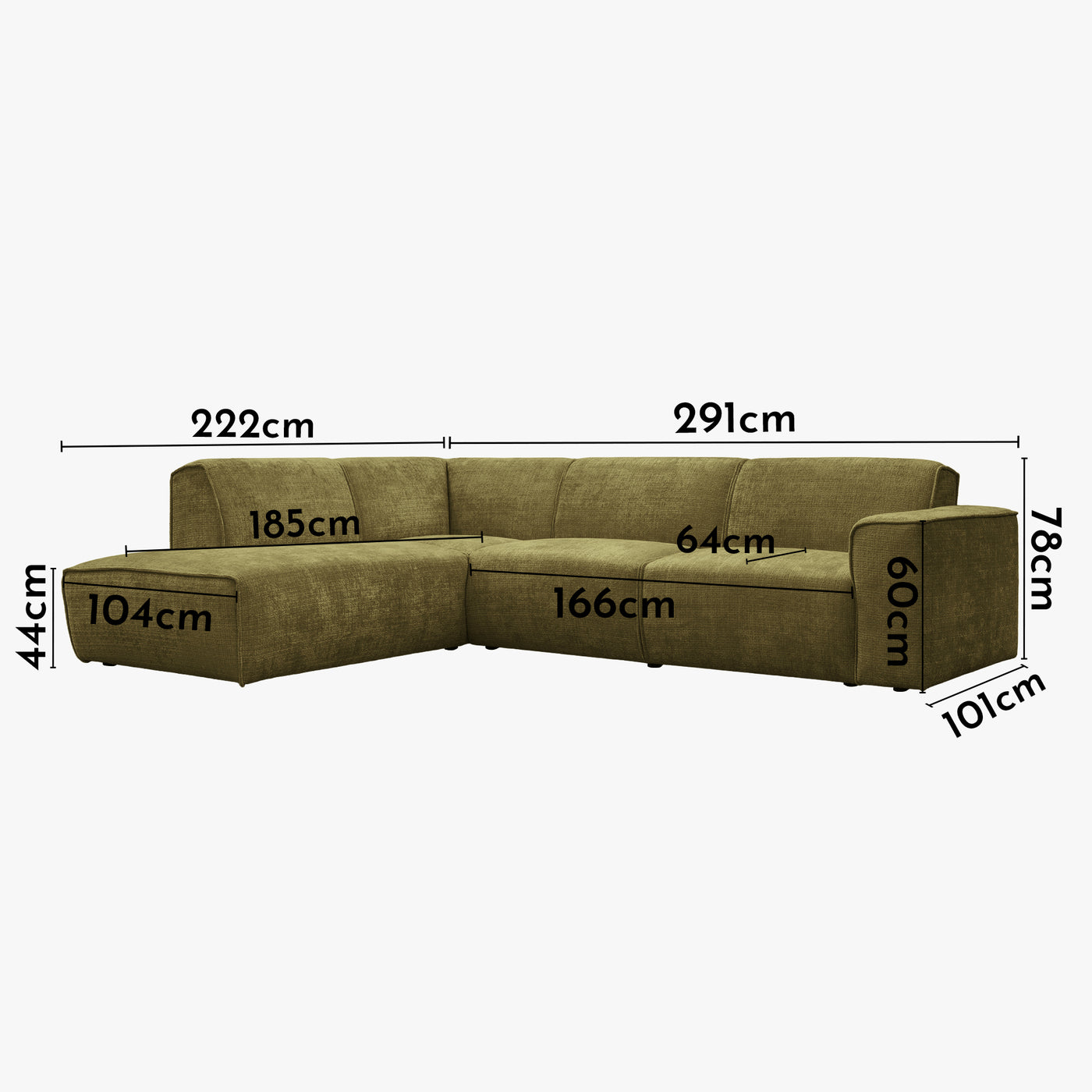 GIULIA XL Canapé d'angle en tissu vert - Angle gauche