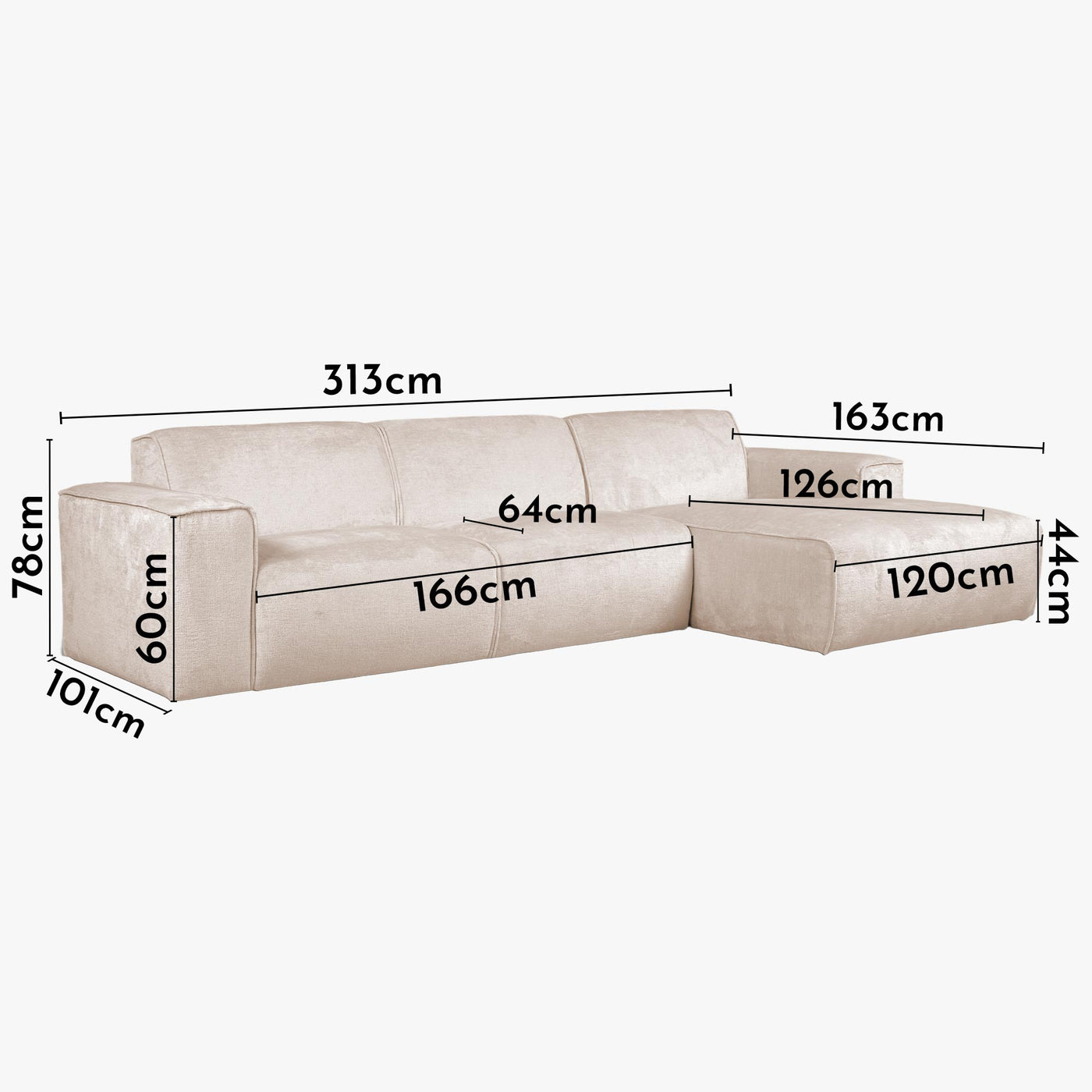GIULIA Canapé d'angle en tissu beige - Angle droit