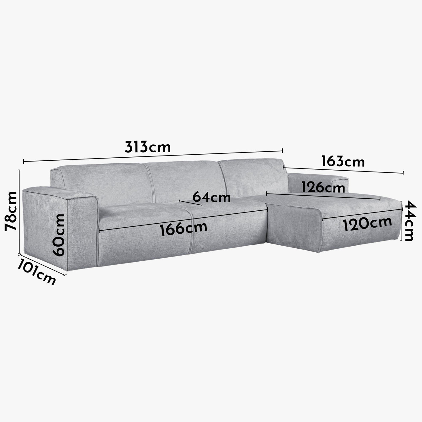 GIULIA Canapé d'angle en tissu gris - Angle droit