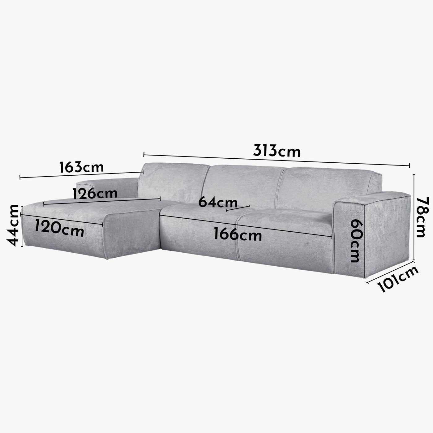 GIULIA Canapé d'angle en tissu gris - Angle gauche