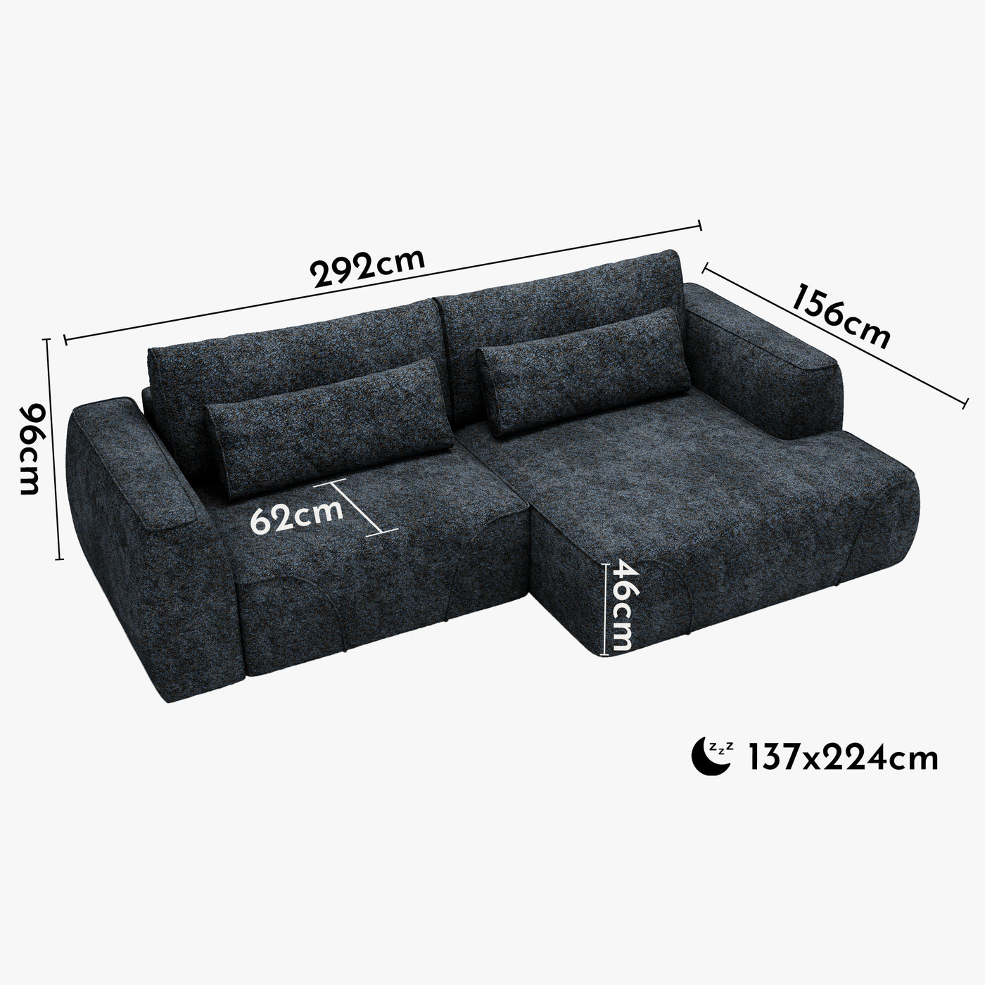 GRACE Canapé d'angle convertible avec coffre en tissu bleu - Angle droit
