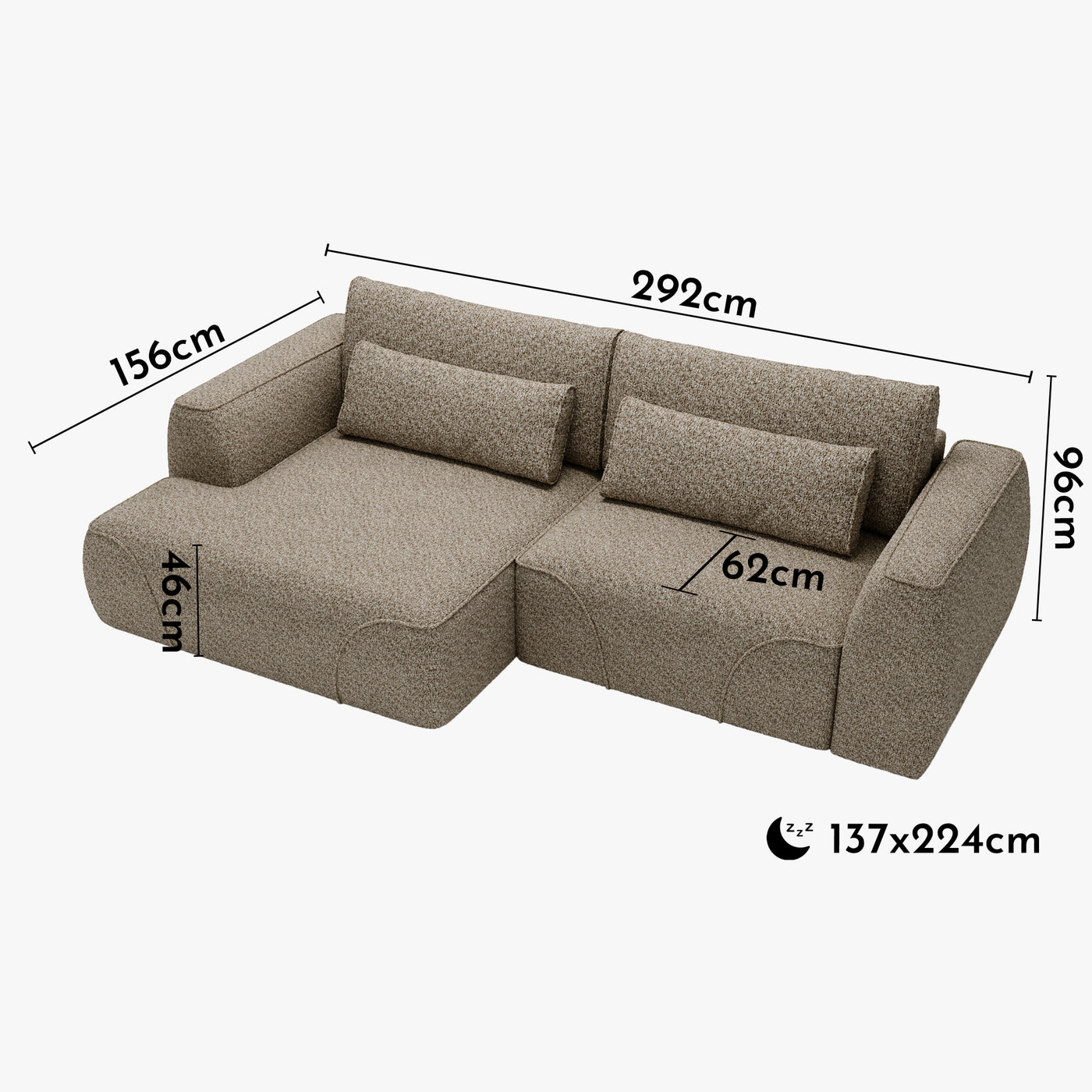 GRACE Canapé d'angle convertible avec coffre en tissu taupe - Angle gauche