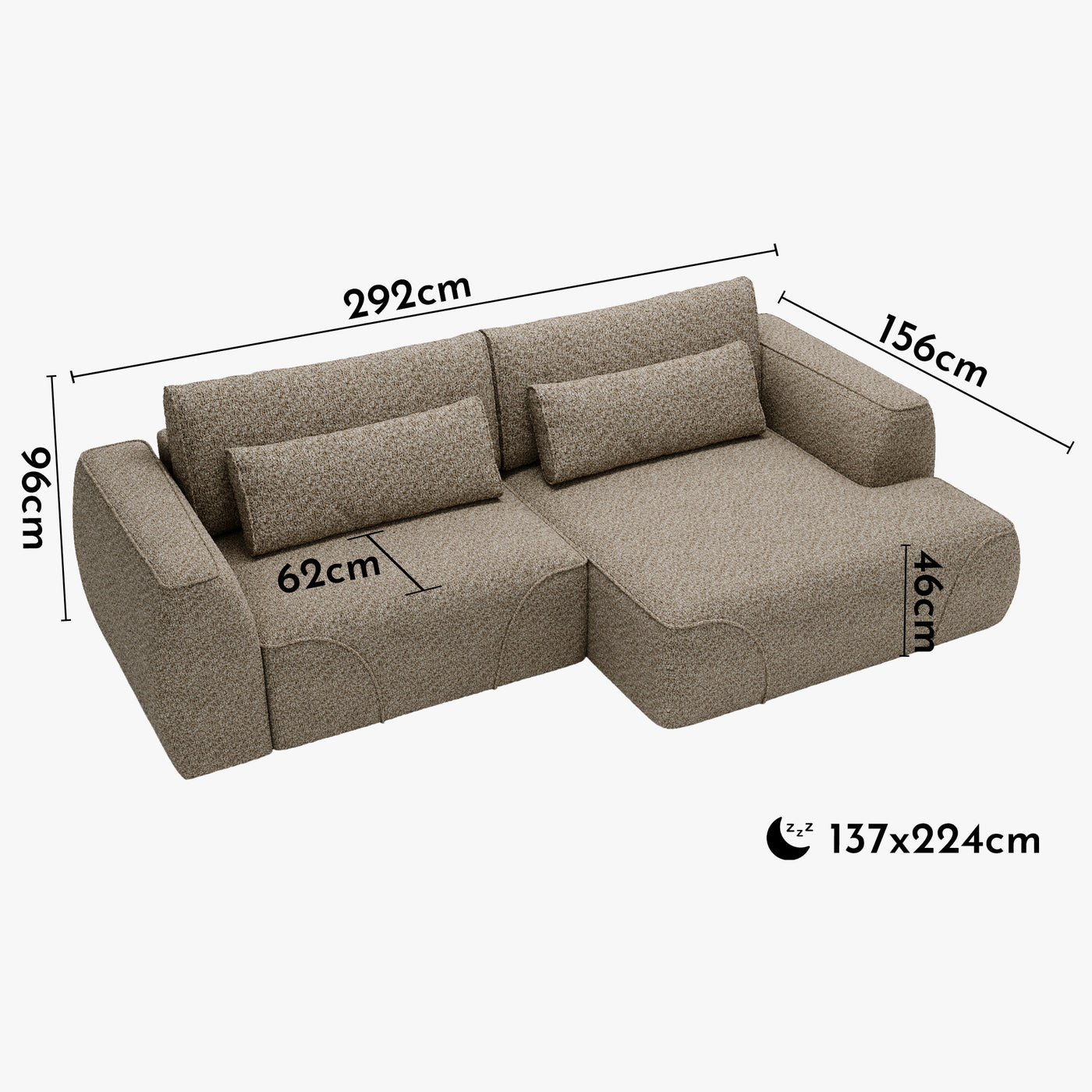 GRACE Canapé d'angle convertible avec coffre en tissu taupe - Angle droit