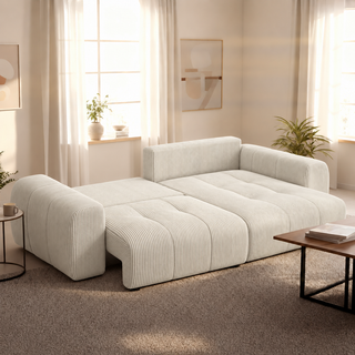 ALYA Canapé d'angle convertible et réversible avec coffre en velours côtelé beige