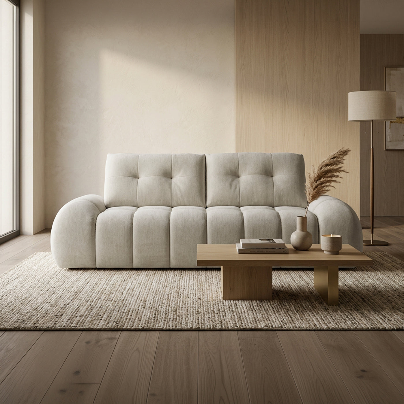 canapé 3 places en tissu beige capitonné