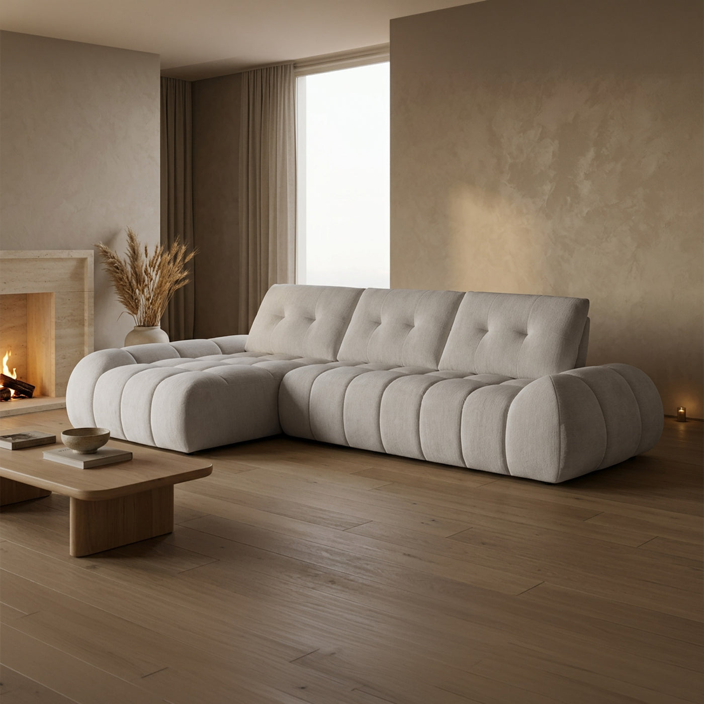 KESSY Canapé d'angle avec dossier amovible en tissu capitonné beige - Angle gauche