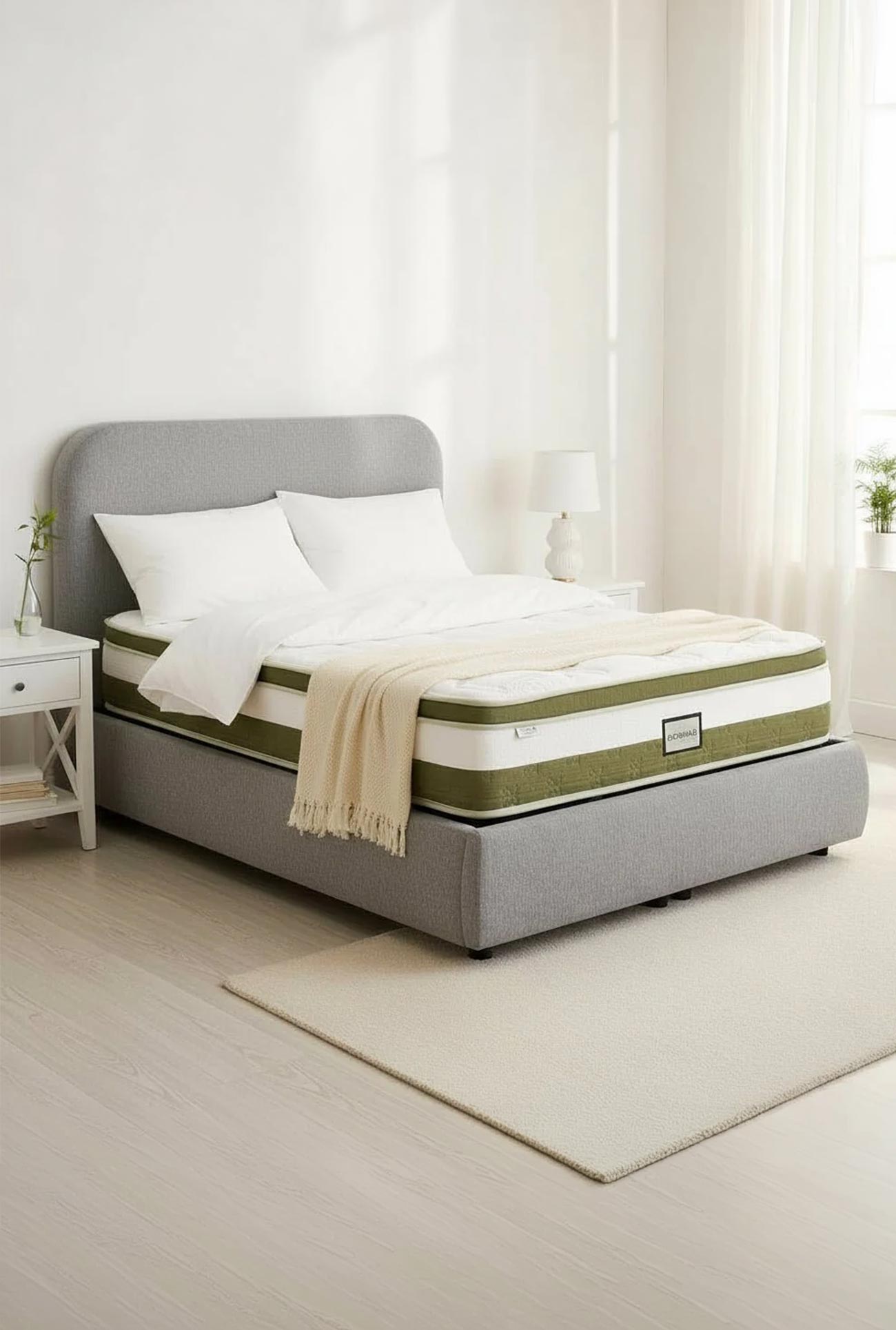 LINE - Lits doubles en tissu avec coffre gris ou vert
