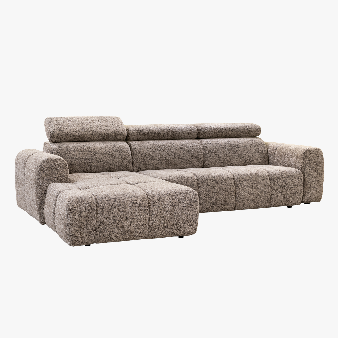 ALEXIA Canapé d'angle convertible avec têtières relevables en tissu taupe - Angle gauche