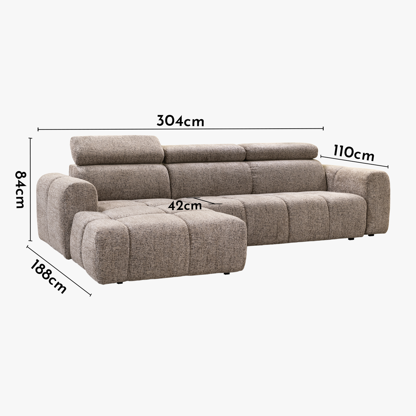 ALEXIA Canapé d'angle convertible avec têtières relevables en tissu taupe - Angle gauche