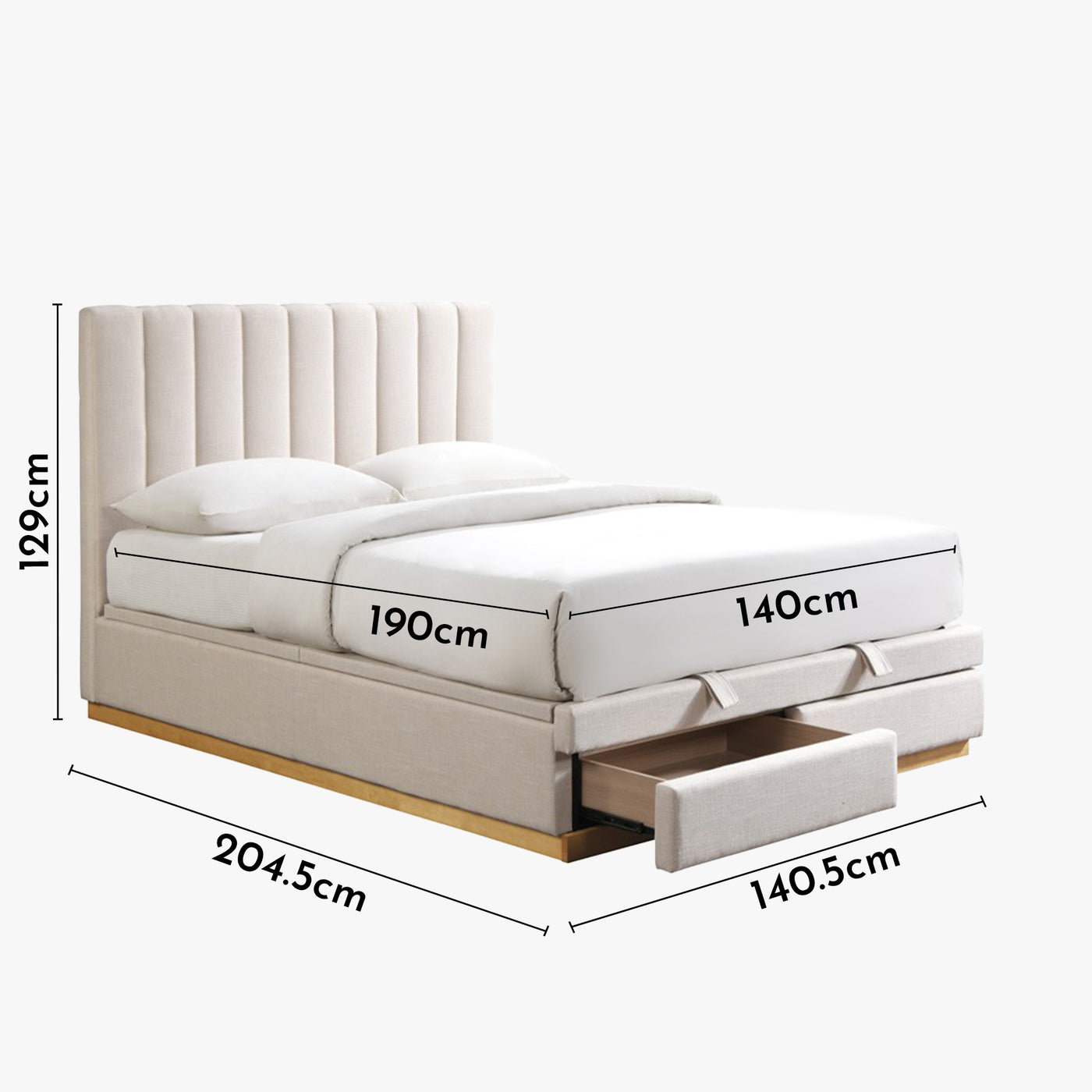 DANIEL Lit double en tissu beige avec coffre et 2 tiroirs 140x190 cm