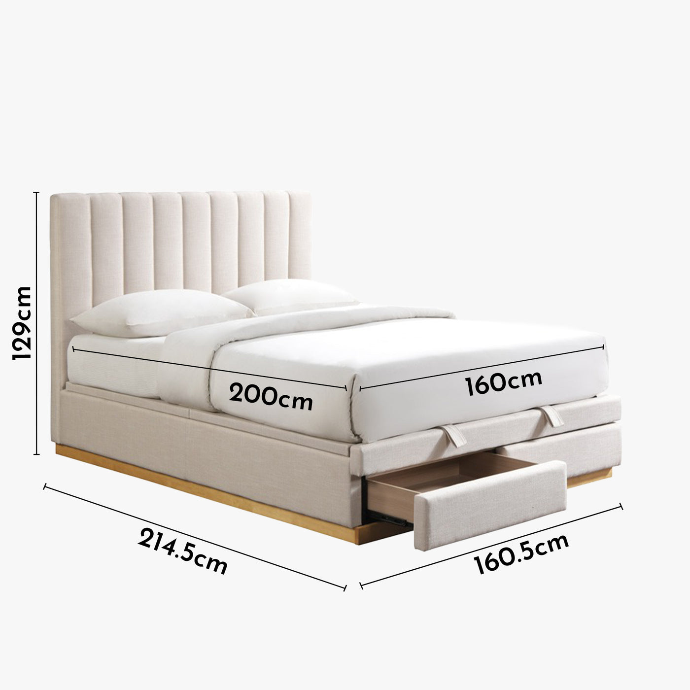 DANIEL Lit double en tissu beige avec coffre et 2 tiroirs 160x200 cm
