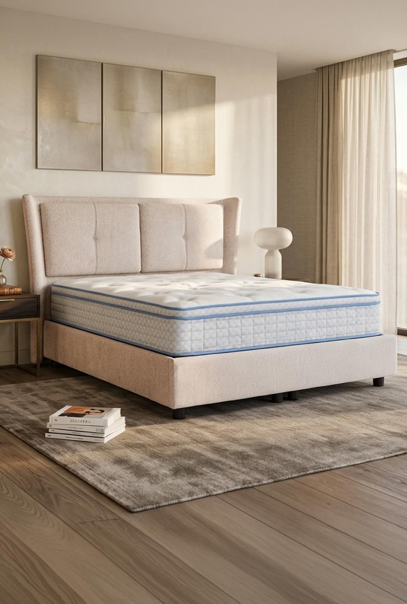 MILIA - Lits double coffres en tissu beige