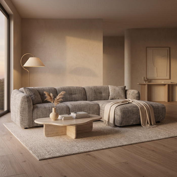 NOELIA Canapé d'angle en tissu capitonné taupe - Angle droit – Canapés d'angle Mobilier Deco