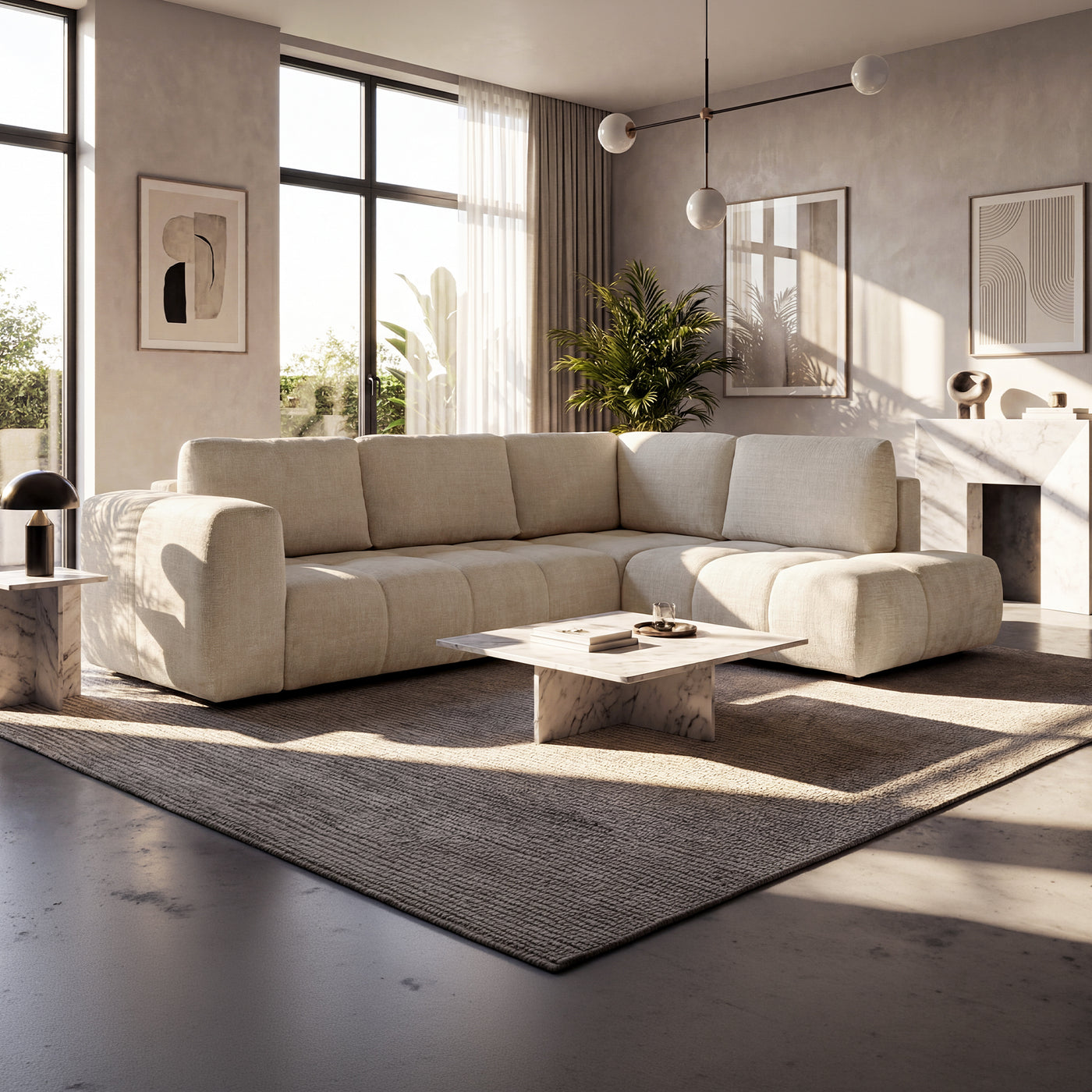 FANY Canapé d'angle convertible en tissu beige - Angle droit