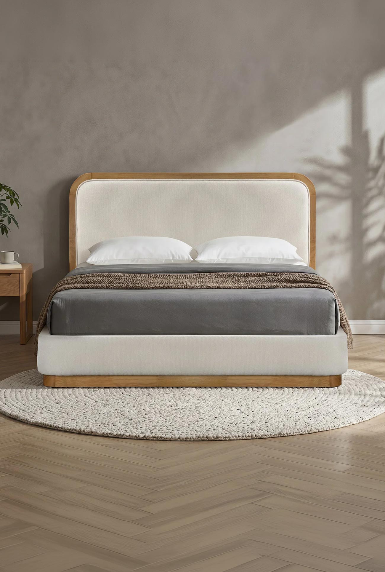 MONA - Lits doubles en tissu beige et bois