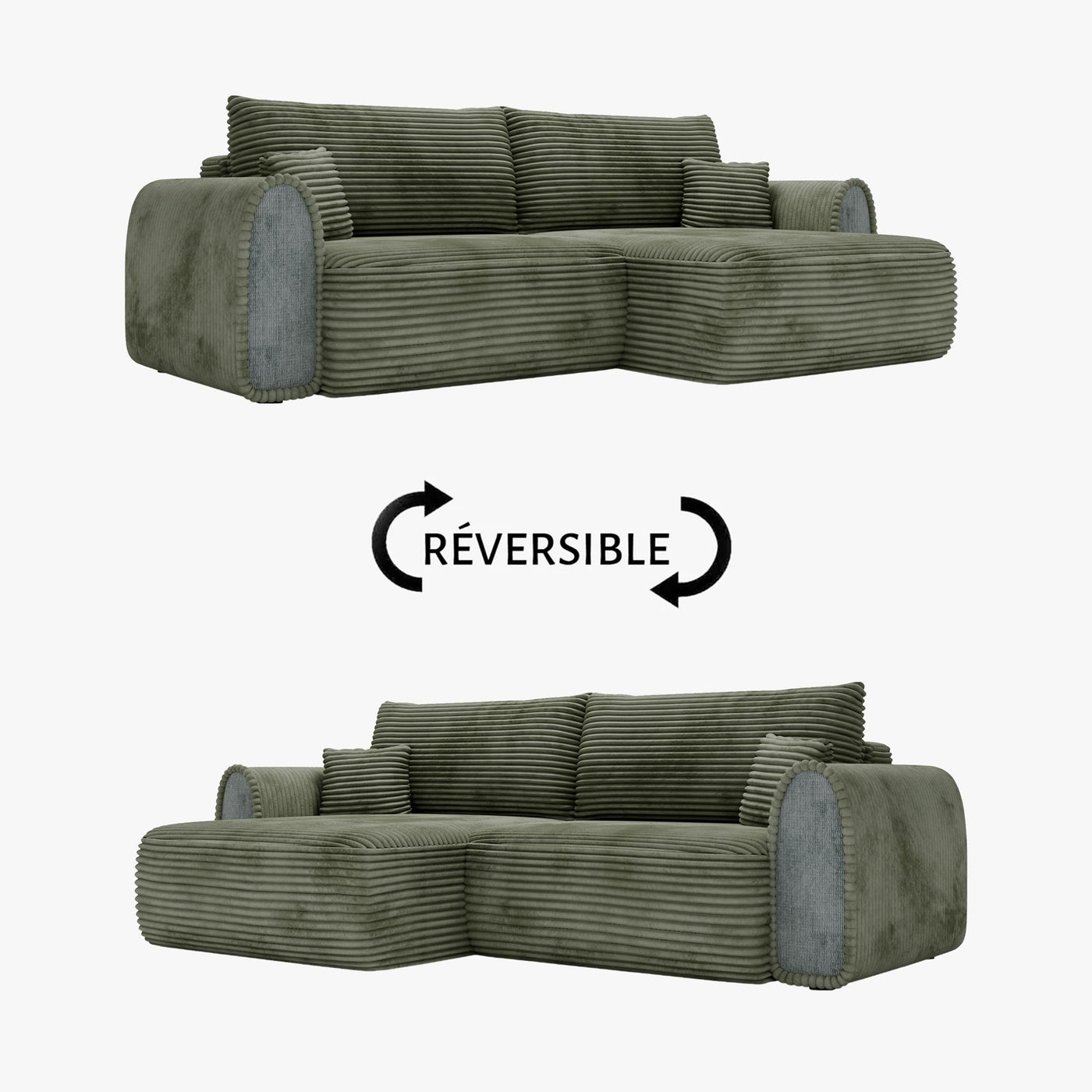 ADELE Canapé d'angle convertible et réversible avec coffre en velours côtelé vert