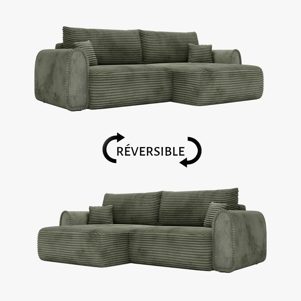 ADELE Canapé d'angle convertible et réversible avec coffre en velours côtelé vert