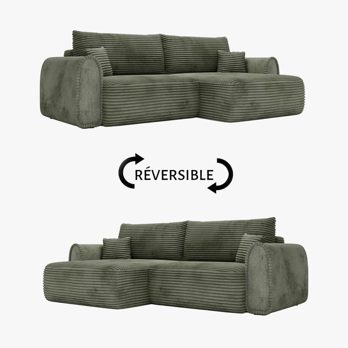 ADELE Canapé d'angle convertible et réversible avec coffre en velours côtelé vert