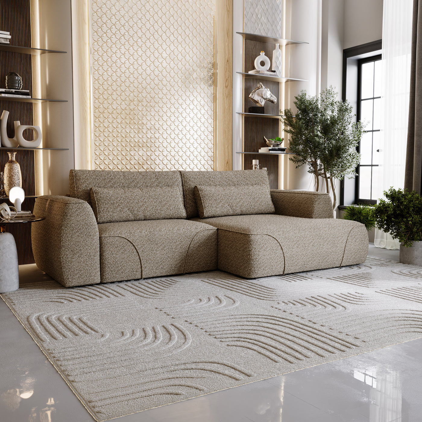 GRACE Canapé d'angle convertible avec coffre en tissu taupe - Angle droit