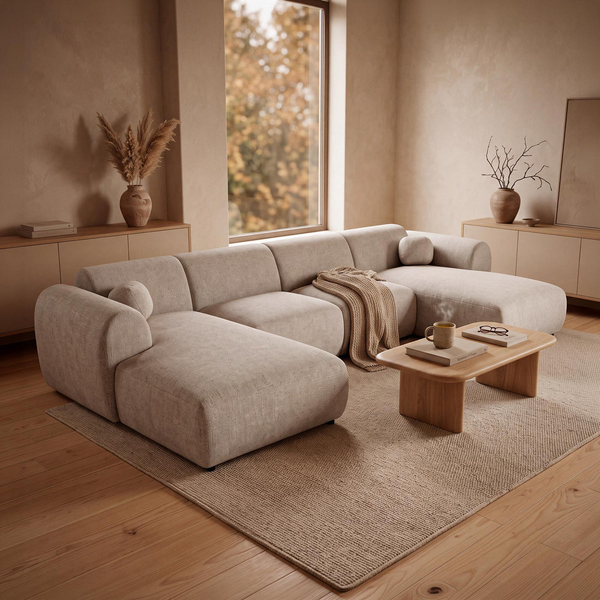 NAYLA XL Canapé panoramique en tissu beige - Mobilier Deco