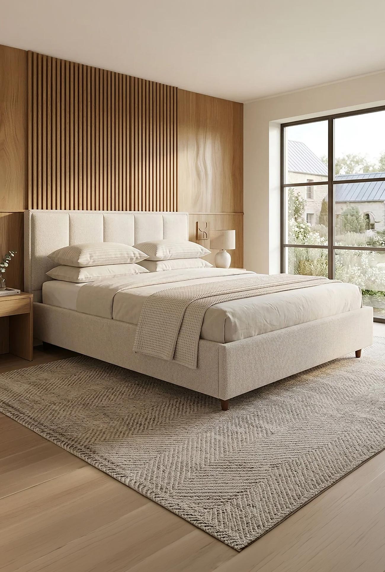 OLEA - Lits doubles en tissu beige avec coffre