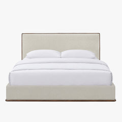 Lit double en tissu beige et bois foncé 180x200 cm