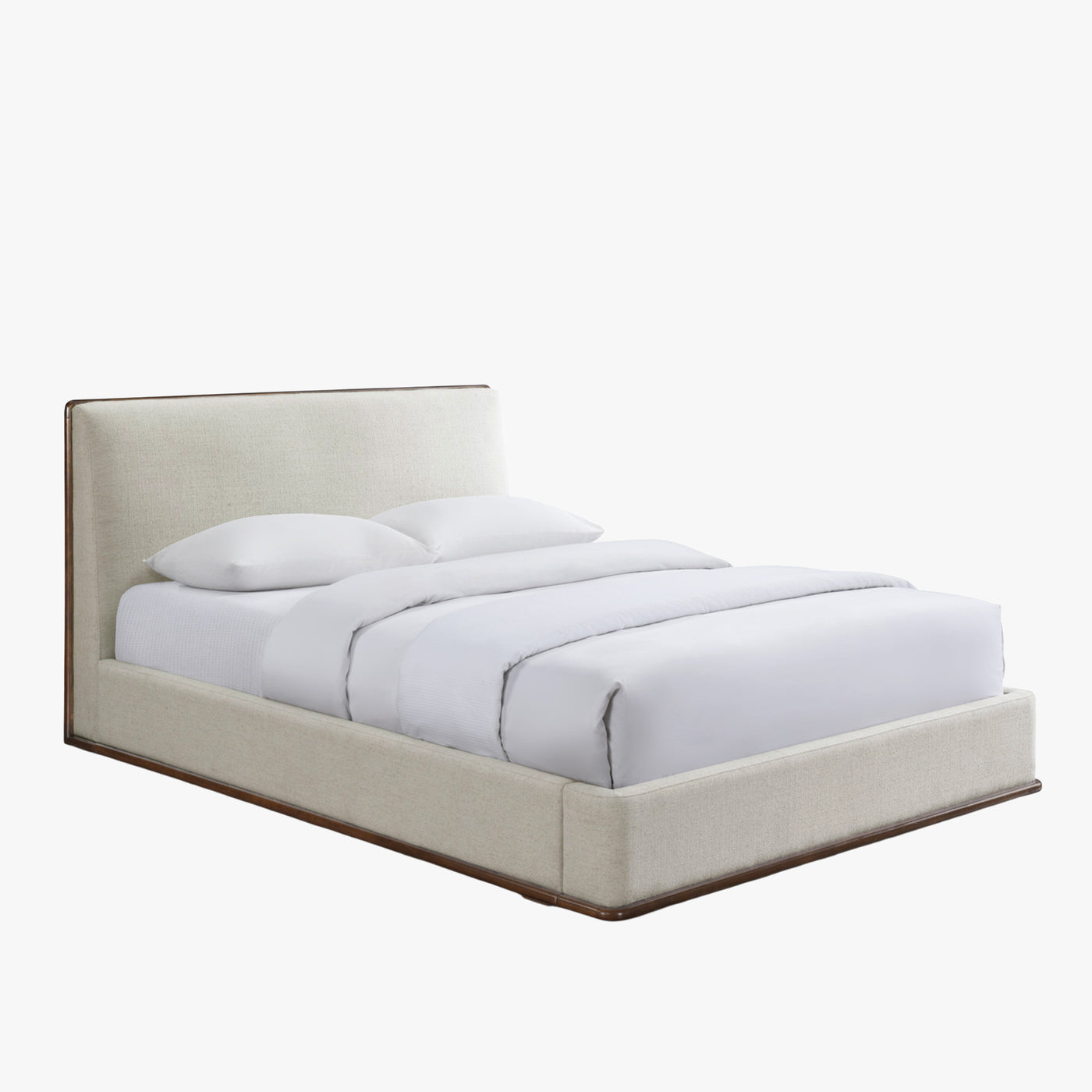 NORIA Lit double en tissu beige et bois foncé 180x200 cm
