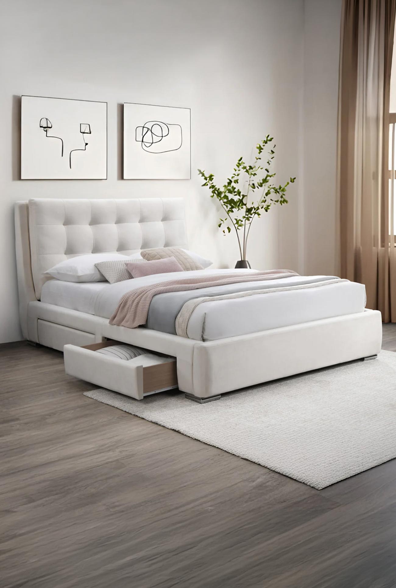 RODRIGO - Lits doubles en tissu gris ou beige avec 2 tiroirs
