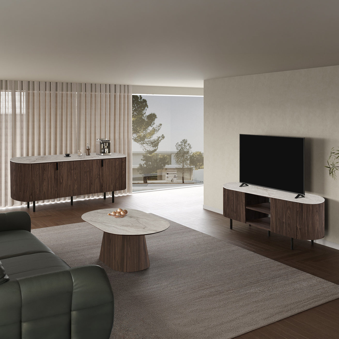 VIGO - Buffet 4 portes en pierre frittée beige et couleur bois foncé