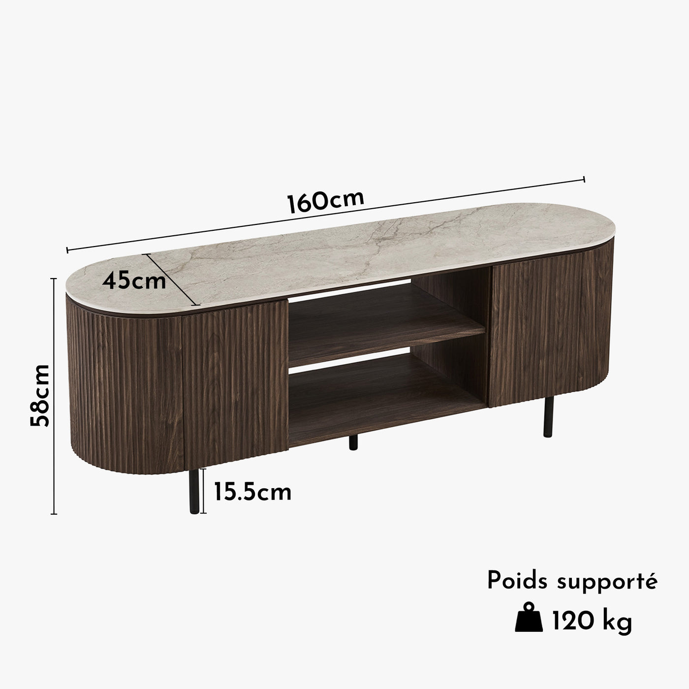 VIGO - Meuble TV 2 portes et 2 niches en pierre frittée beige et couleur bois foncé