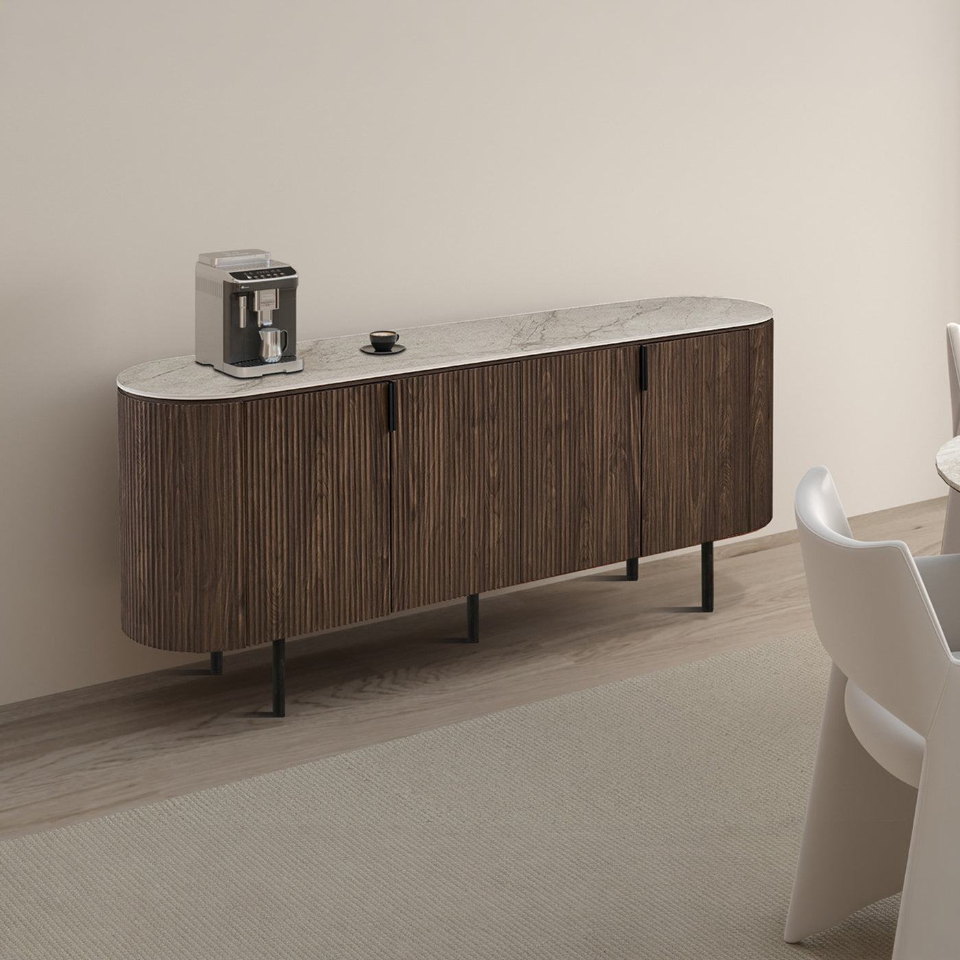 VIGO - Buffet 4 portes en pierre frittée beige et couleur bois foncé