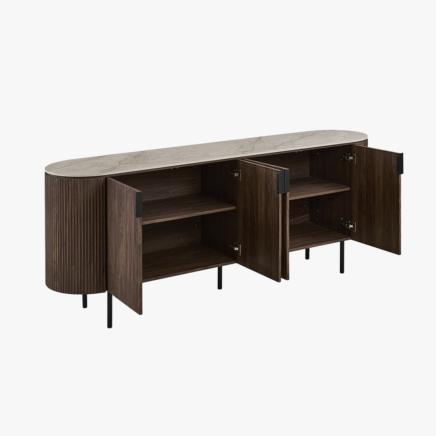 VIGO - Buffet 4 portes en pierre frittée beige et couleur bois foncé