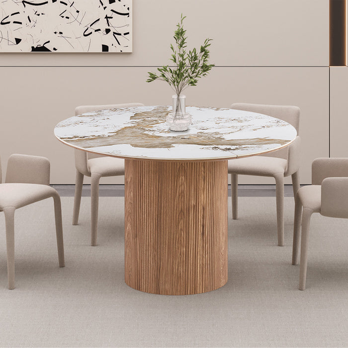 EVORA XL Table à manger extensible en pierre fritté blanc pieds couleur bois clair 120-200 cm Mobilier Deco