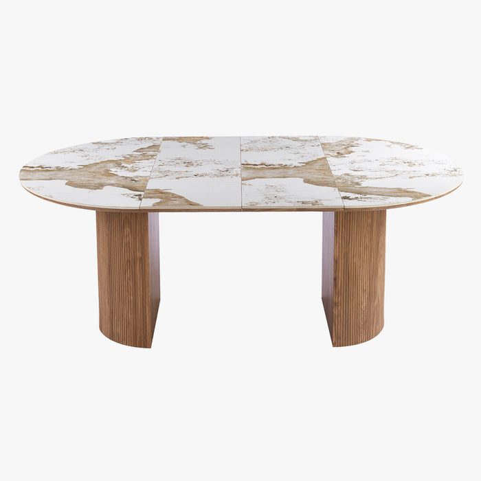 EVORA XL Table à manger extensible en pierre fritté blanc pieds couleur bois clair 120-200 cm – vue 2